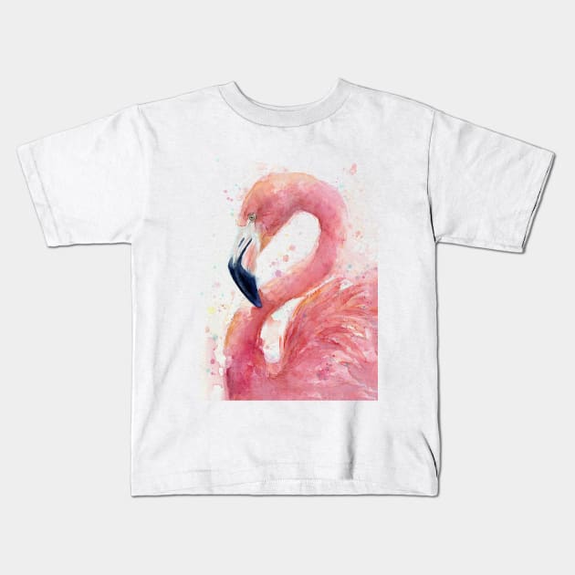 Pink Flamingo Watercolor Kids T-Shirt by Olechka